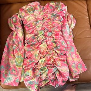 Floral Pink Ruched Long Sleeve Dress